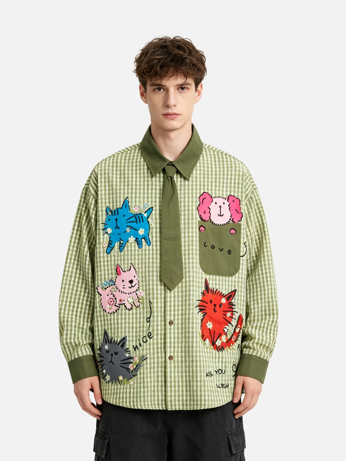 Haaura Animal Patch Plaid Tie Neck Shirt