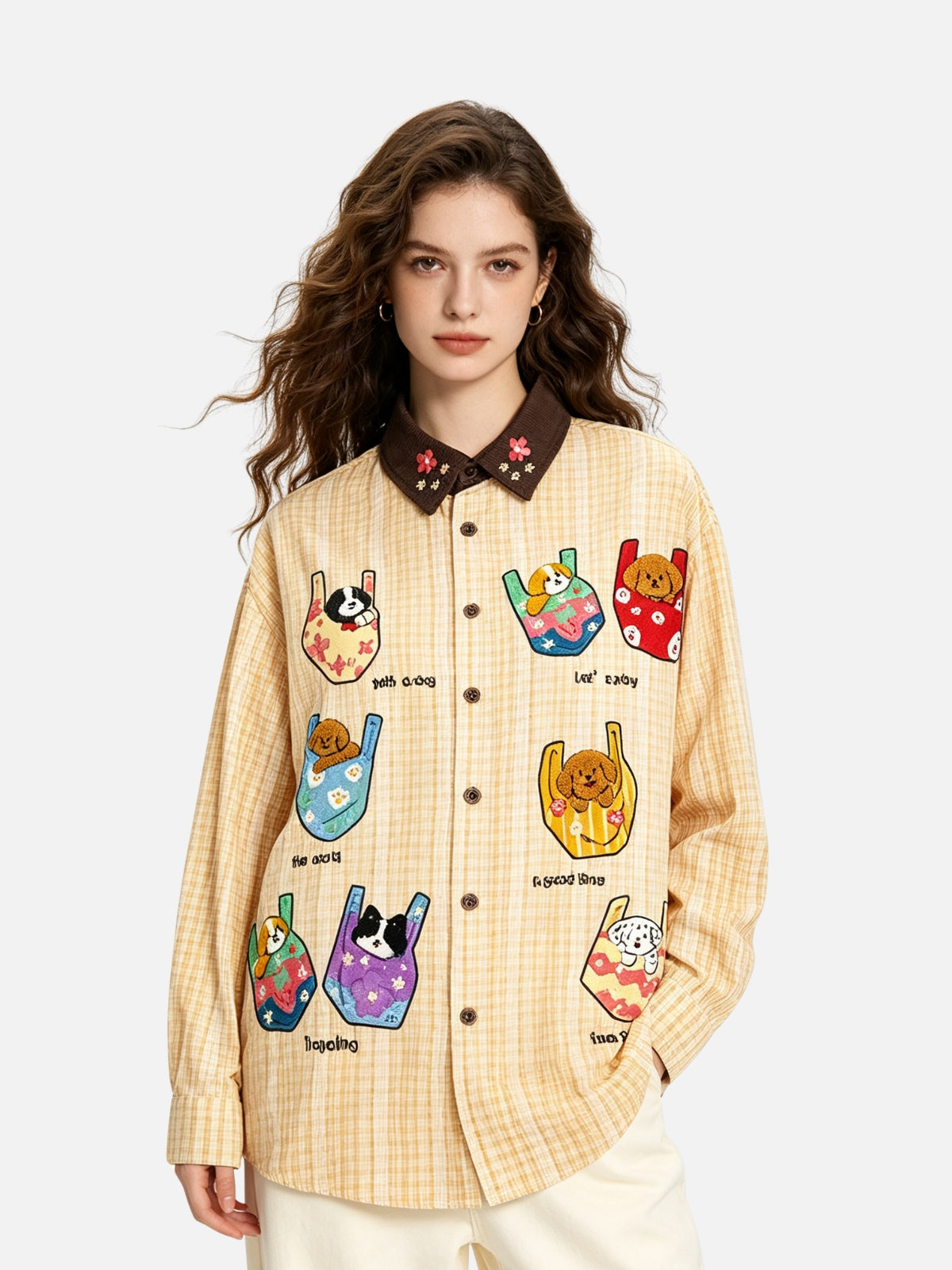 Haaura Pet Applique Plaid Contrast Collar Shirt