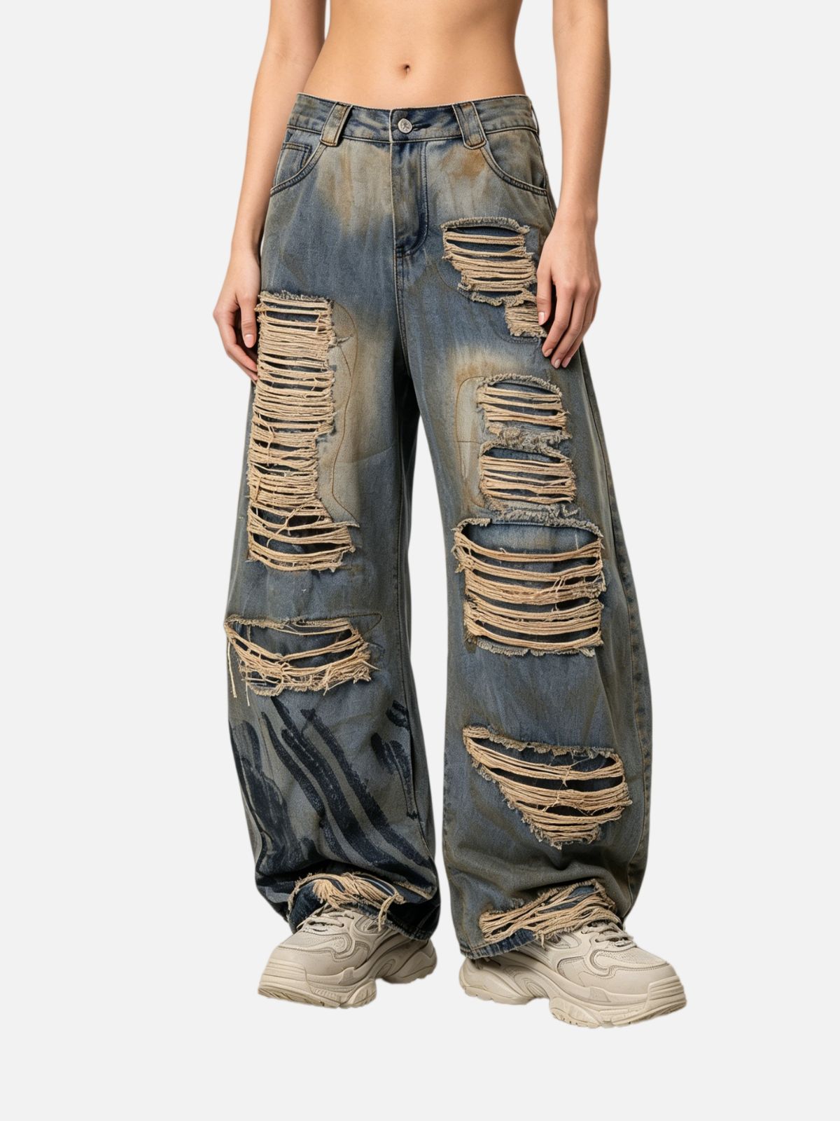 Haaura Distressed Washed Baggy Barrel Jeans