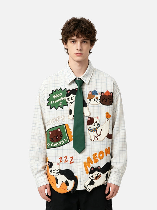 Haaura Cat Applique Plaid Short Sleeve Shirt