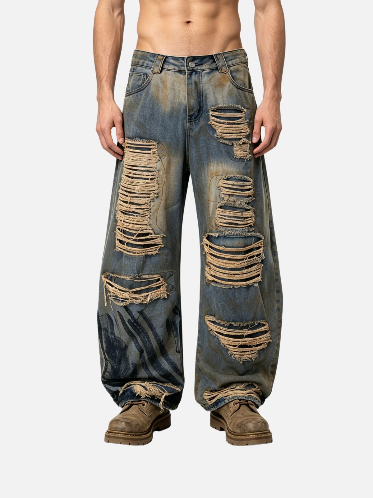 Haaura Distressed Washed Baggy Barrel Jeans