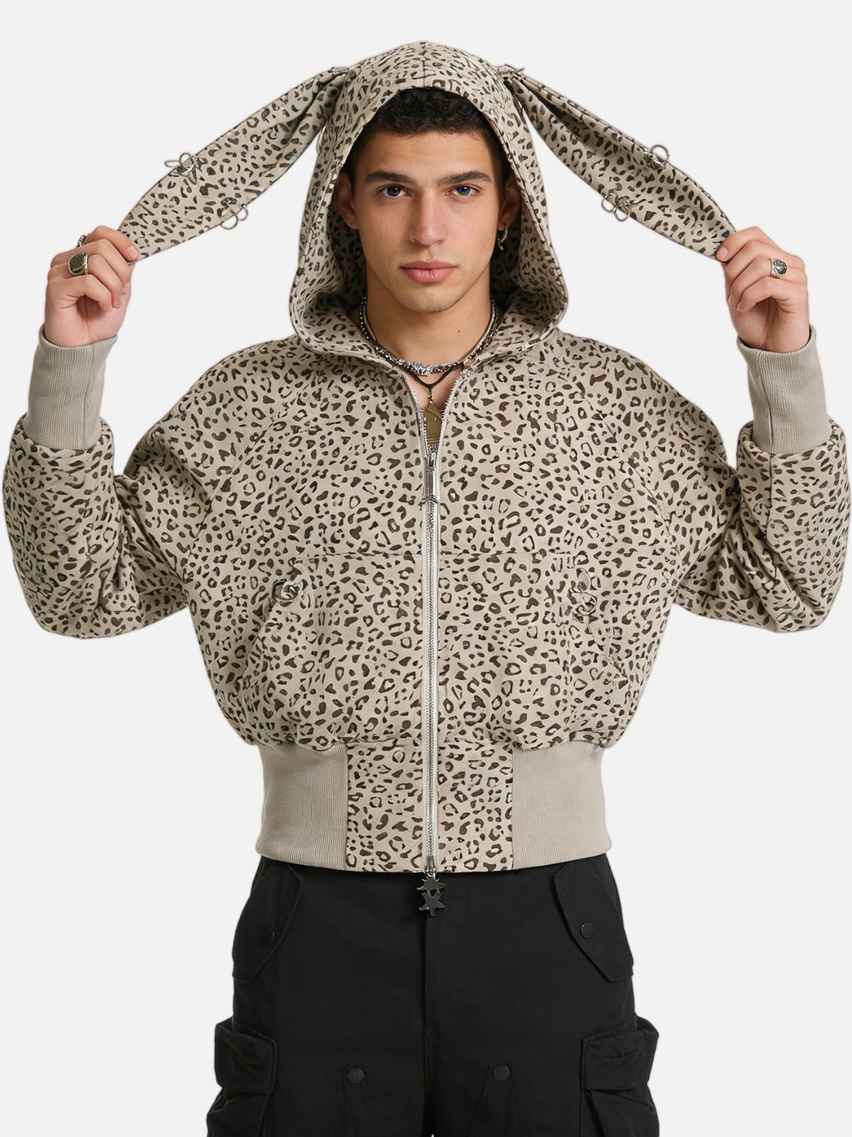 Haaura Leopard Bunny Ear Zip Up Hoodie