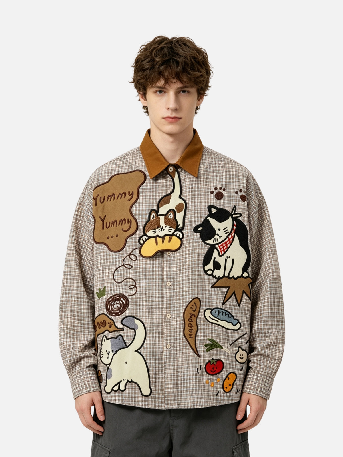 Haaura Cat Applique Plaid Contrast Collar Shirt