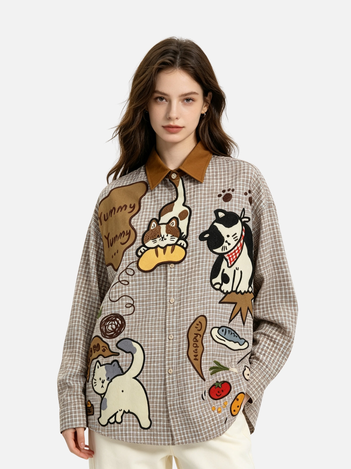 Haaura Cat Applique Plaid Contrast Collar Shirt