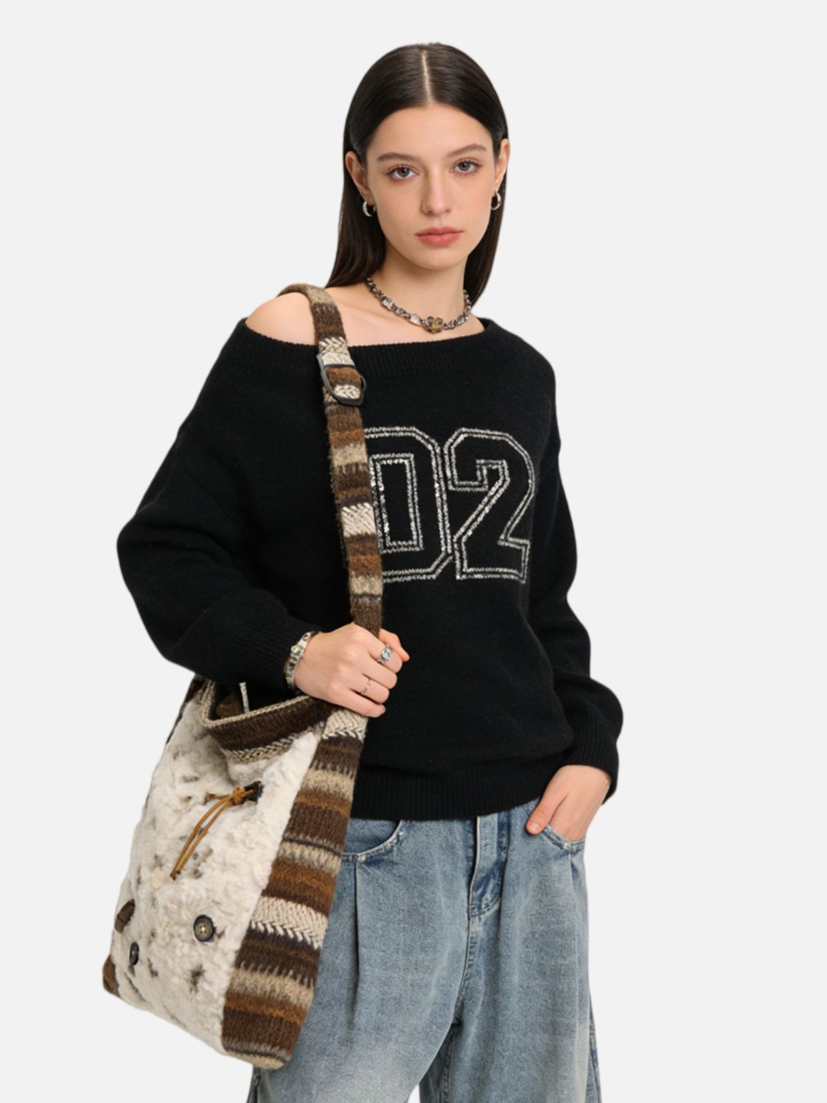 Winter Knit Scarf Strap Faux Fur Hobo Bag