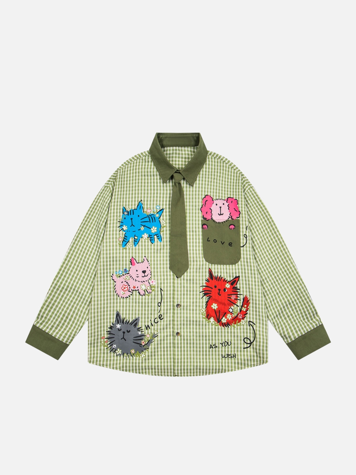 Haaura Animal Patch Plaid Tie Neck Shirt