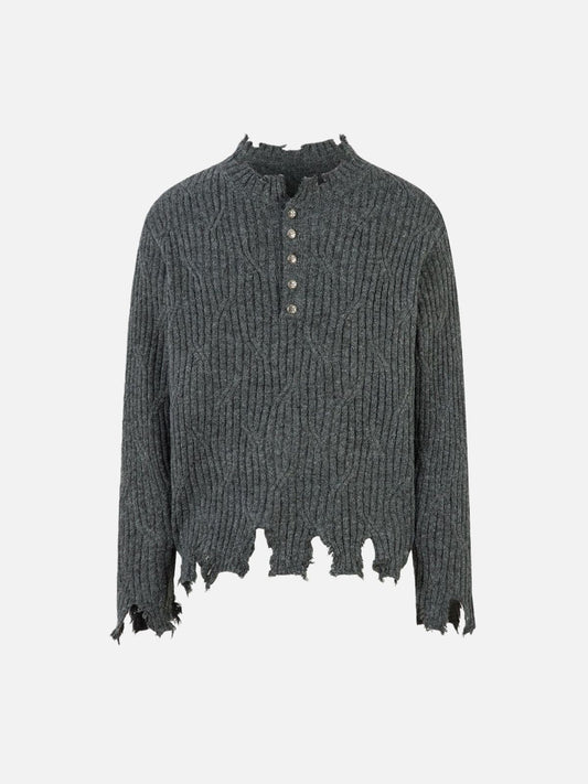 Haaura Cable Knit Distressed Metal Button Sweater