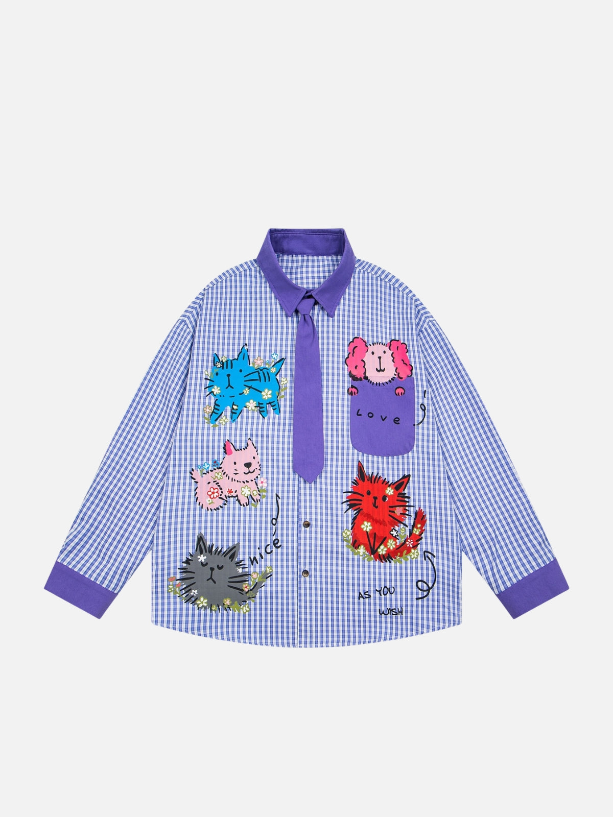 Haaura Animal Patch Plaid Tie Neck Shirt