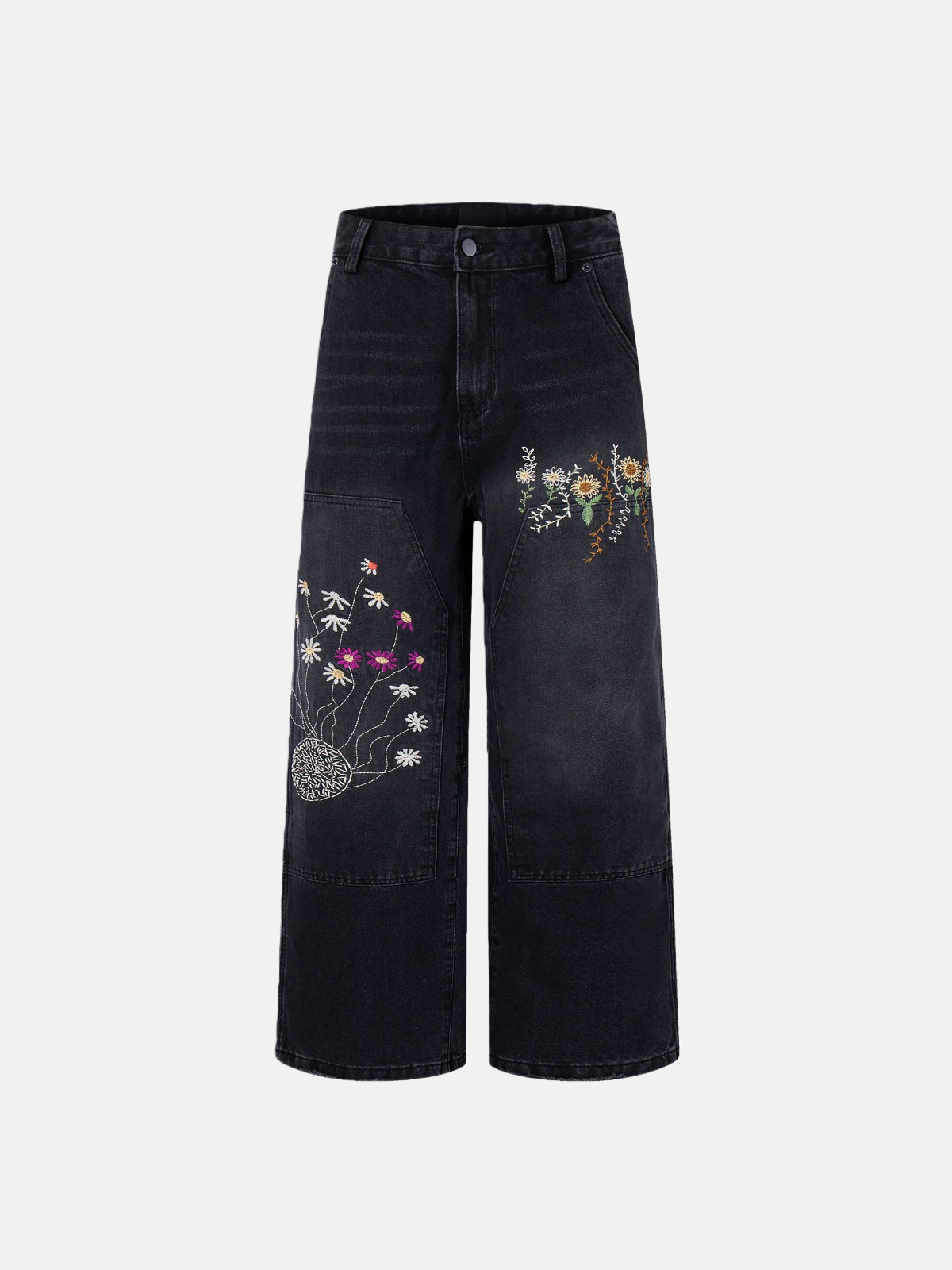 Haaura Floral Embroidery Double Knee Jeans