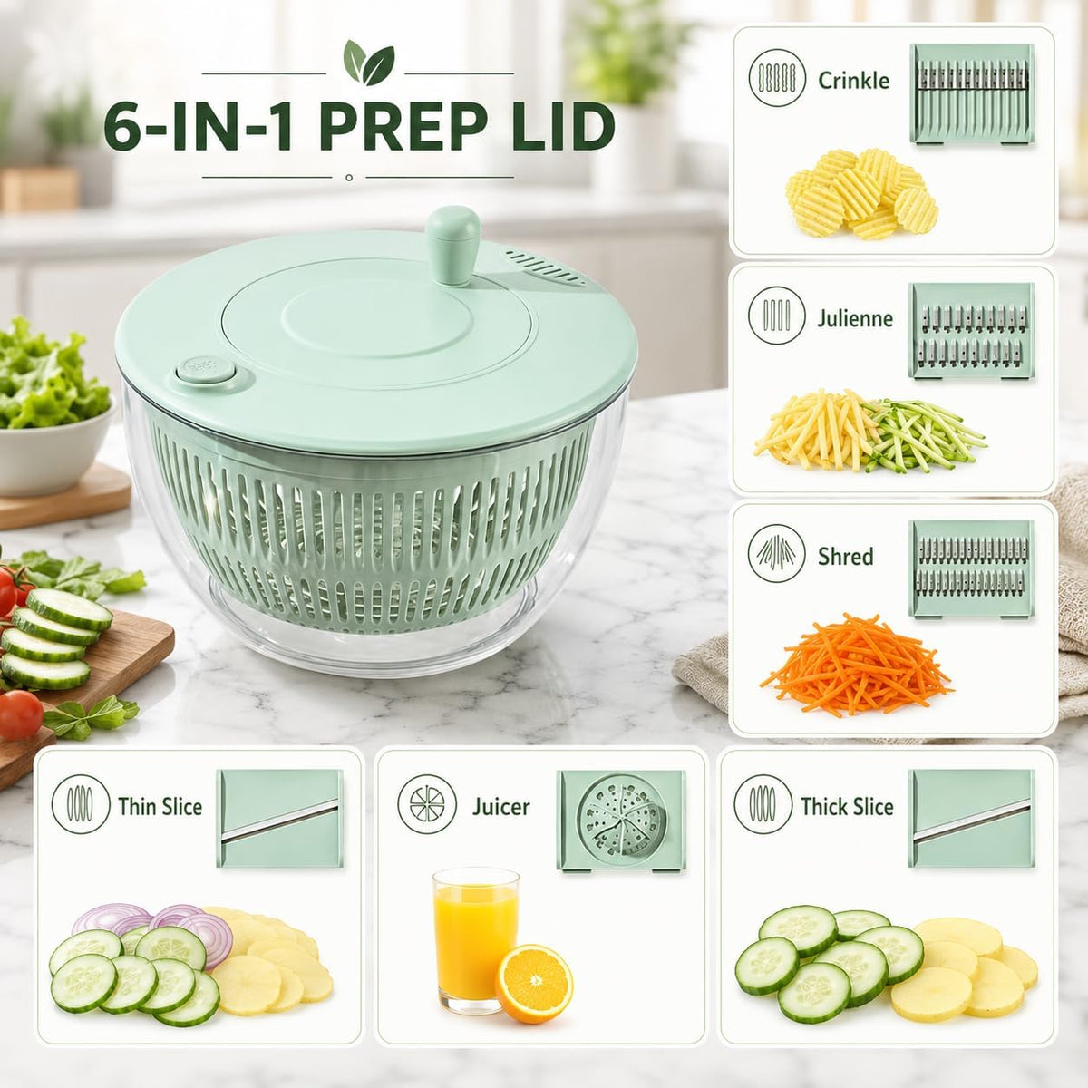 6-in-1 Salad Spinner & Vegetable Slicer – 5.3 QT Large Capacity Food Prep Bowl with 5 Blades, One-Touch Stop, Egg Separator & Citrus Juicer