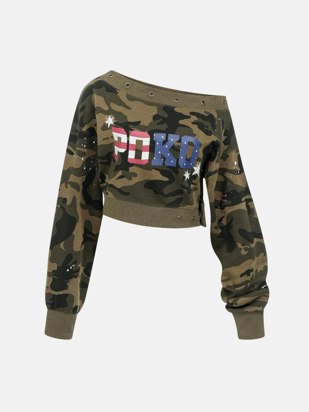 Haaura Star Splatter Metal Stud Off-Shoulder Cropped Sweatshirt