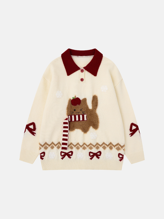 Haaura Apple Cat Bow Knit Sweater