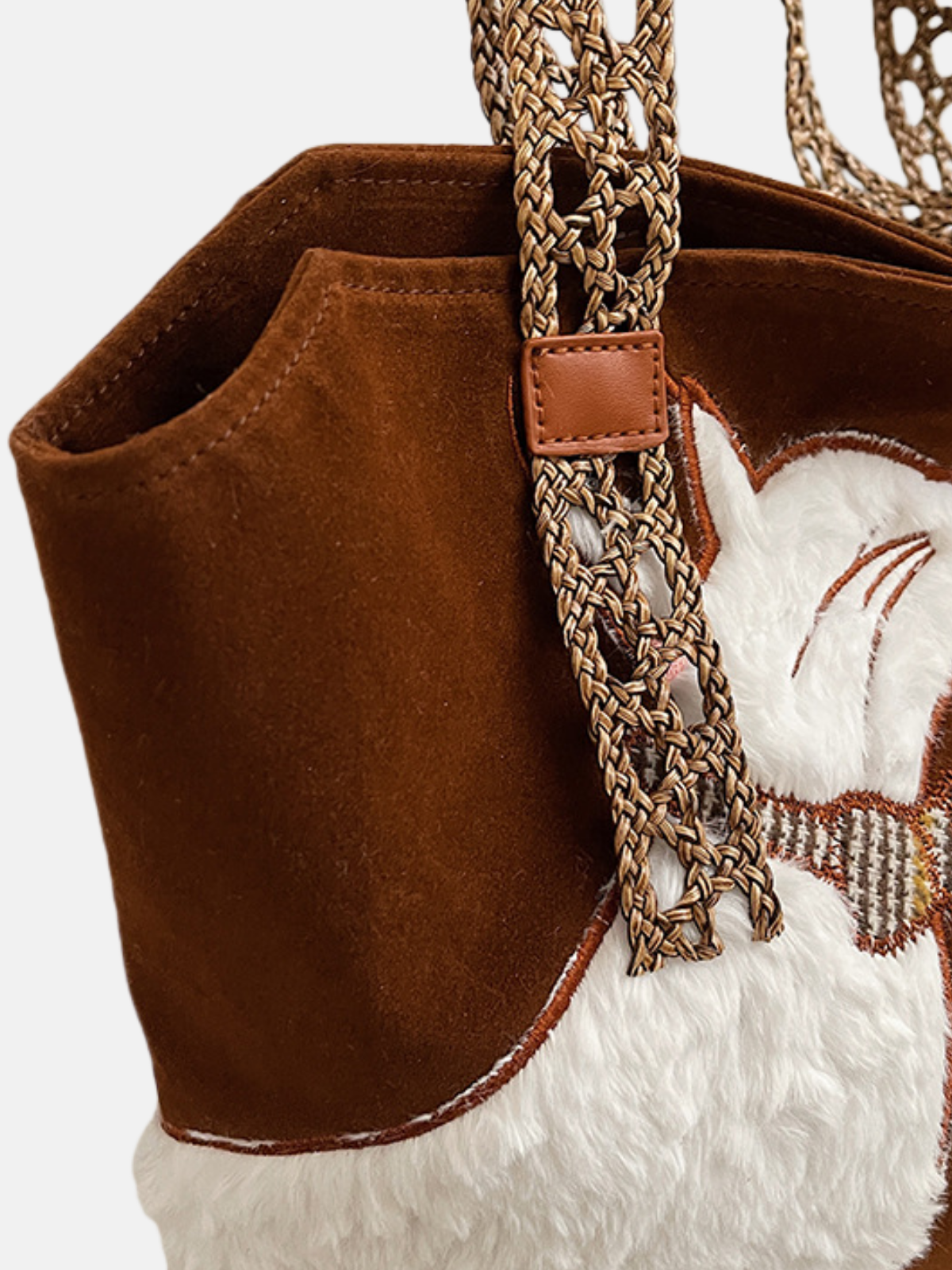 Faux Suede Cat-Embroidered Tote Bag