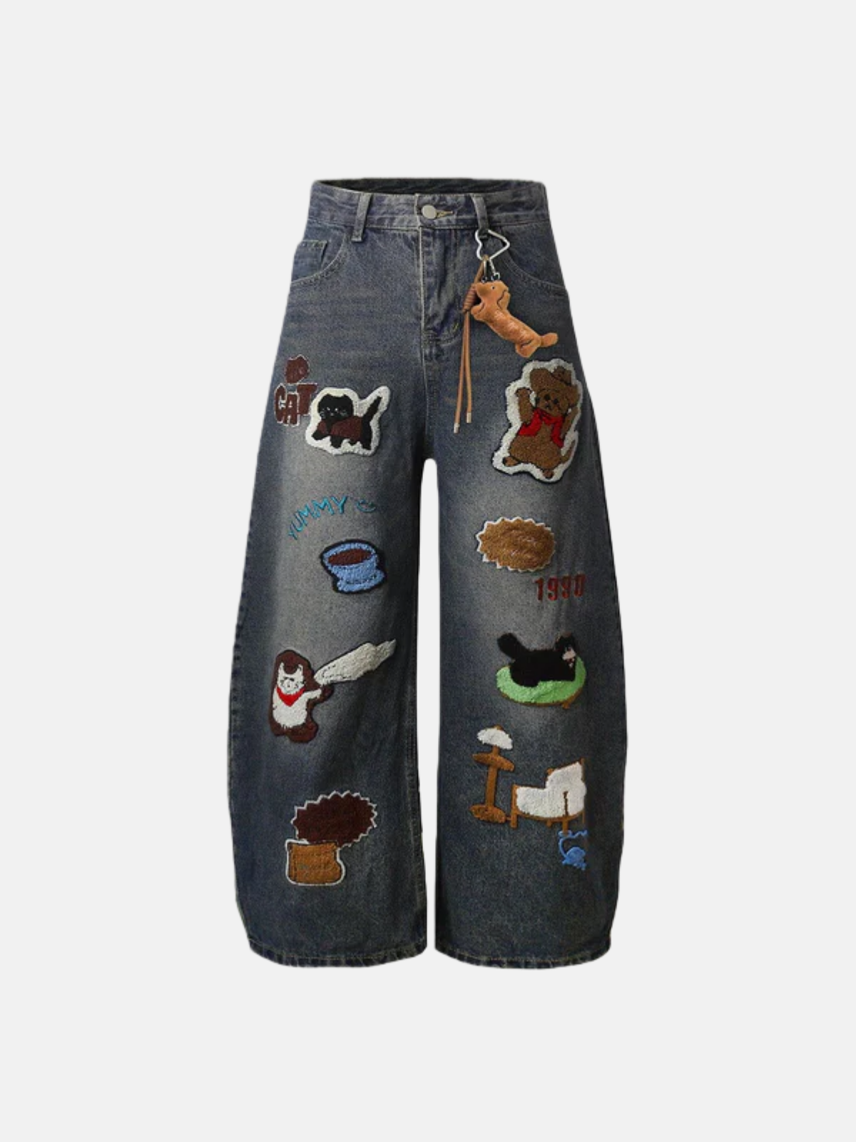 Haaura  Animal Applique Embroidery Barrel Jeans