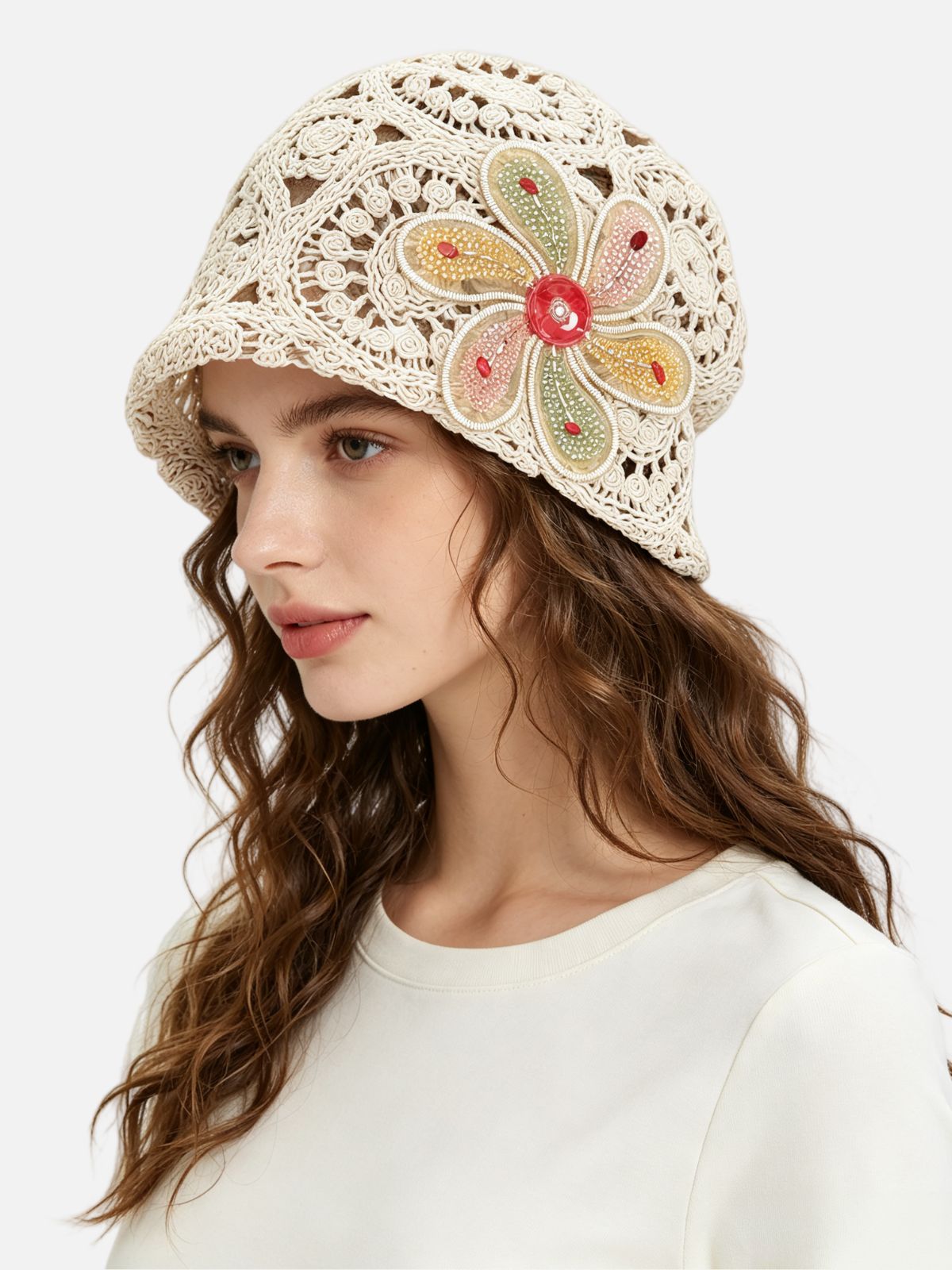 Crochet Beaded Butterfly Appliqué Beanie