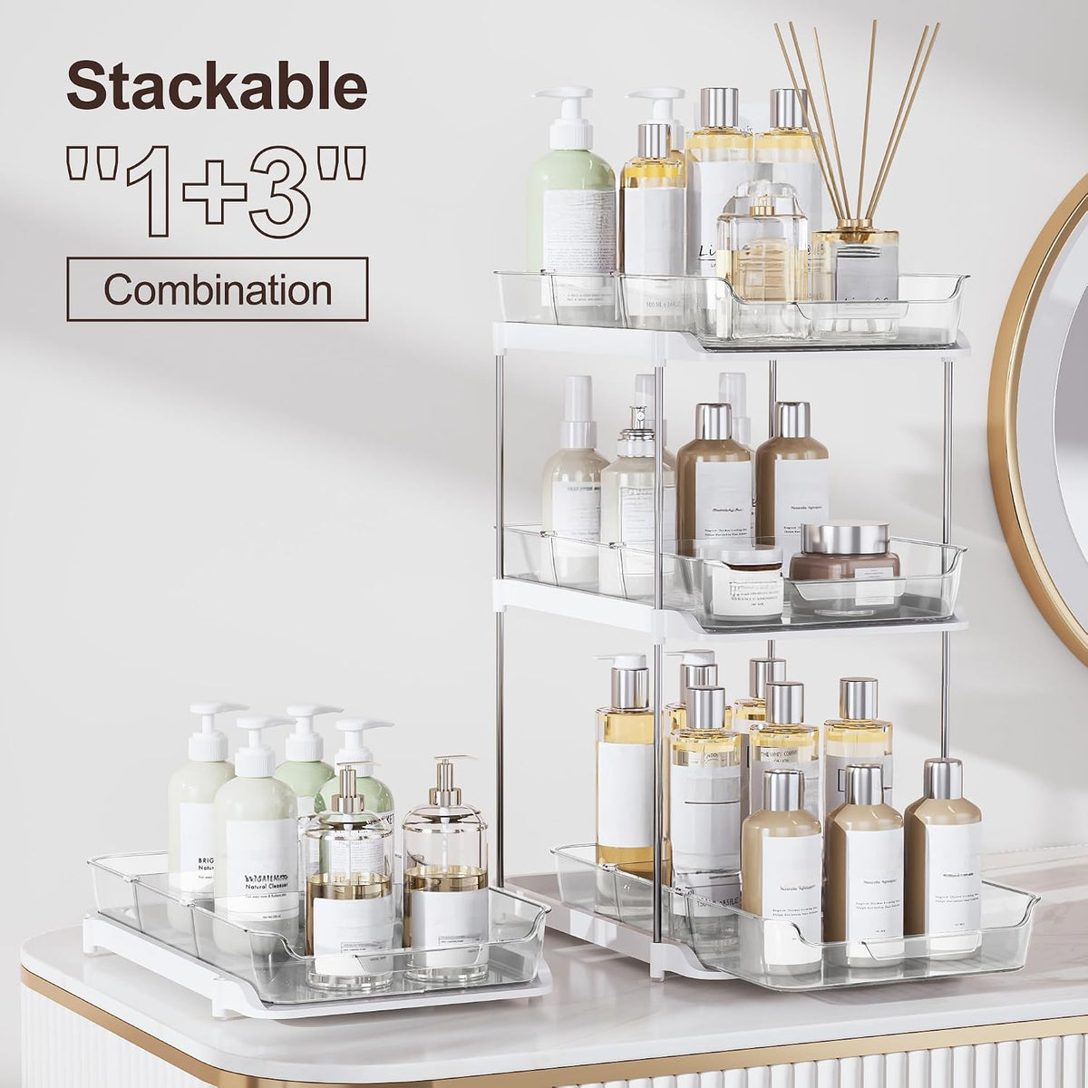 2-Pack 2-Tier Pull-Out Bathroom & Kitchen Organizers – Clear Acrylic Storage Drawers with 8 Movable Dividers, Stackable Cabinet Organizer for Under Sink, Pantry & Vanity