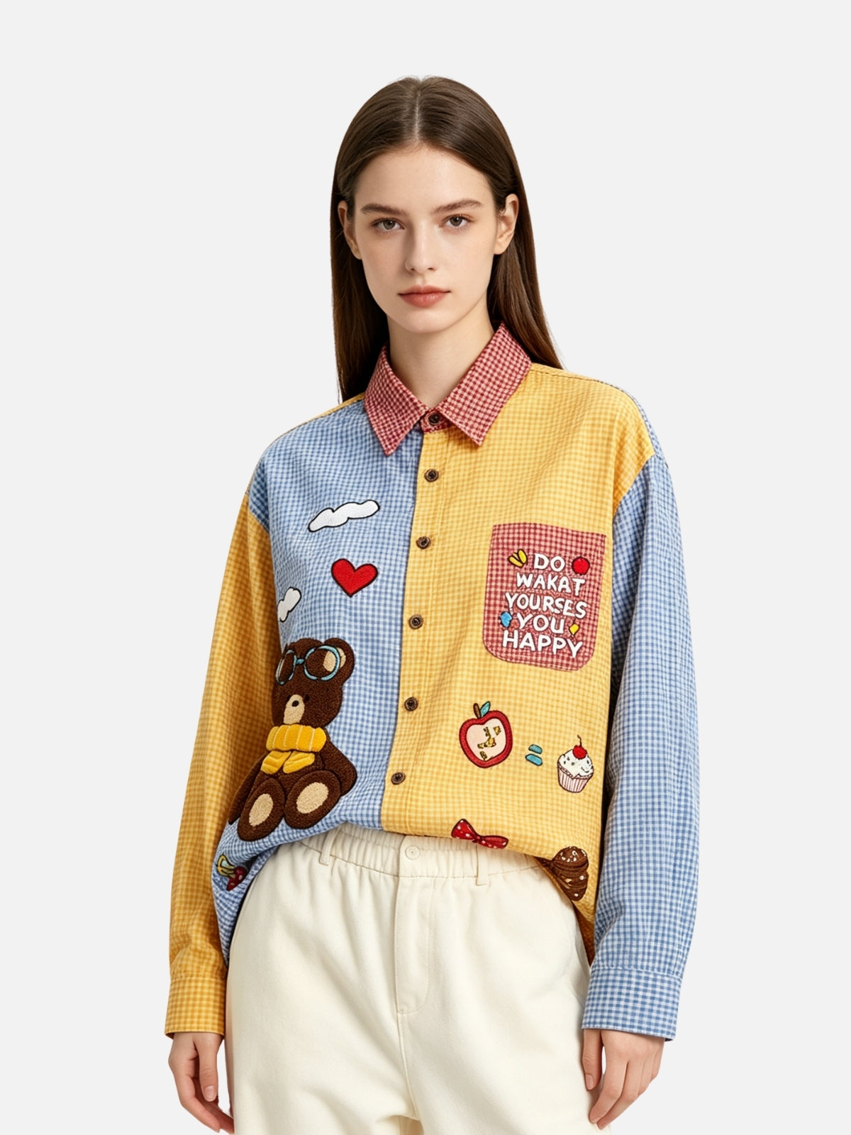 Haaura Teddy Bear Embroidered Patchwork Shirt