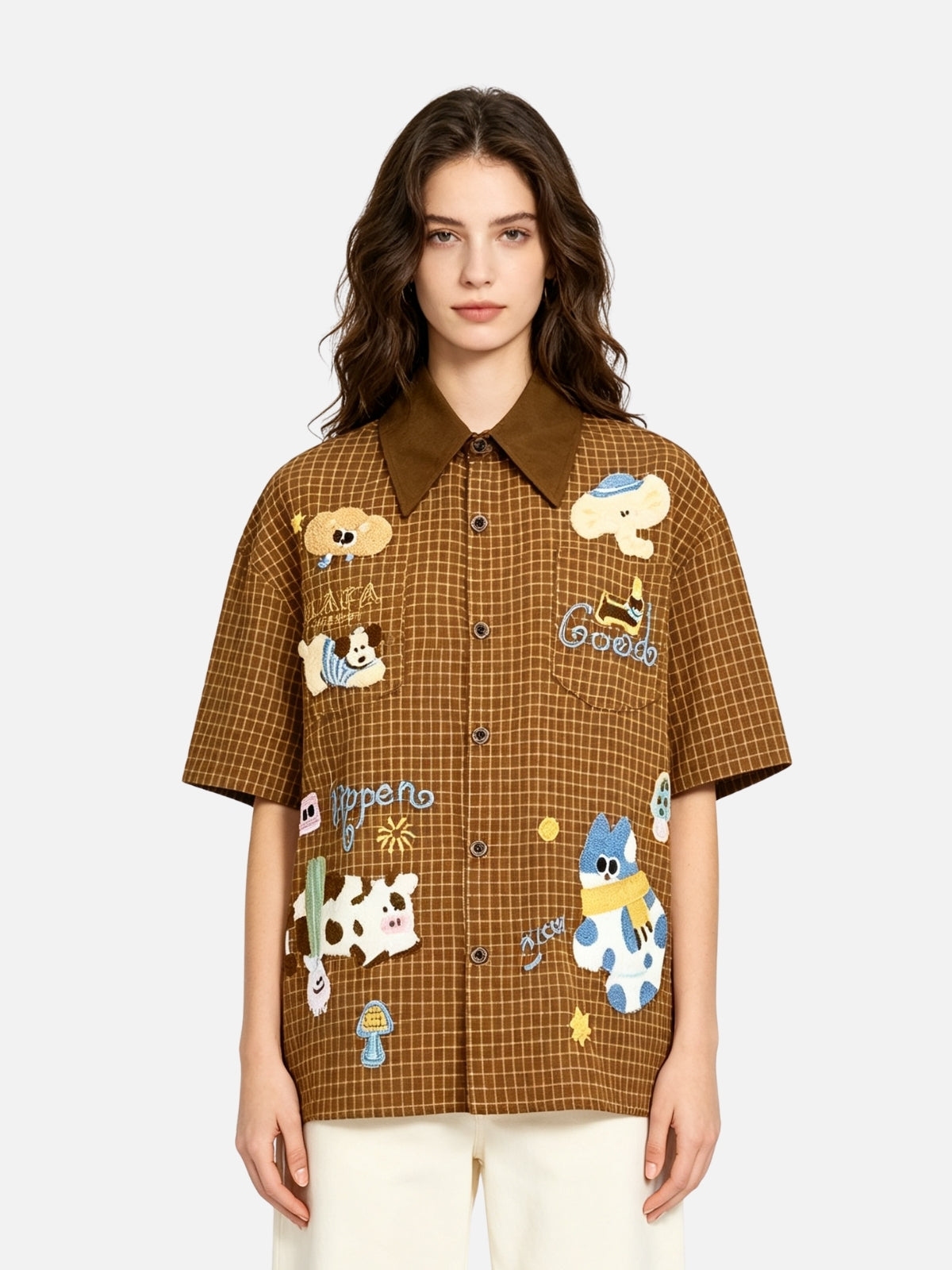 Haaura Animal Applique Plaid Contrast Collar Shirt