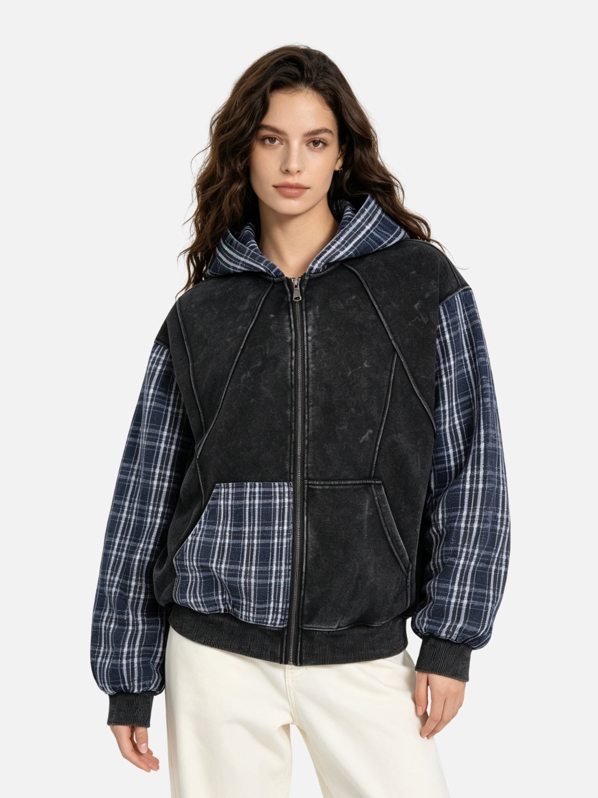Haaura Plaid Patchwork Zip Up Hoodie