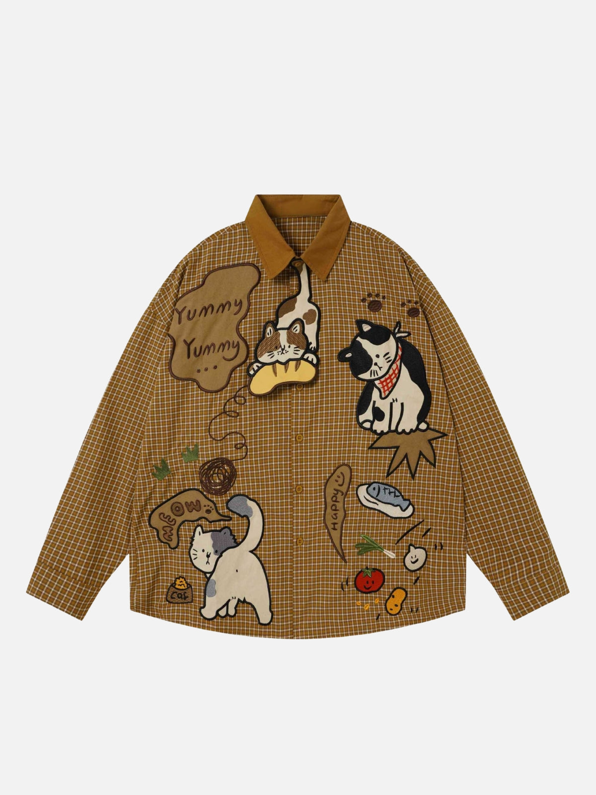 Haaura Cat Applique Plaid Contrast Collar Shirt