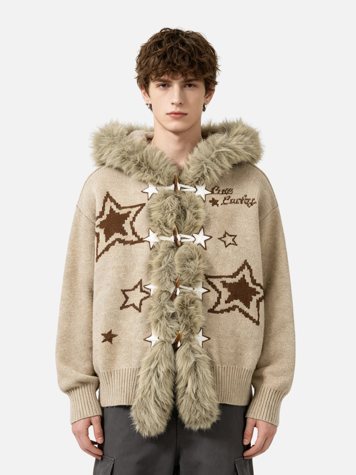 Haaura Fur Trim Star Hooded Cardigan