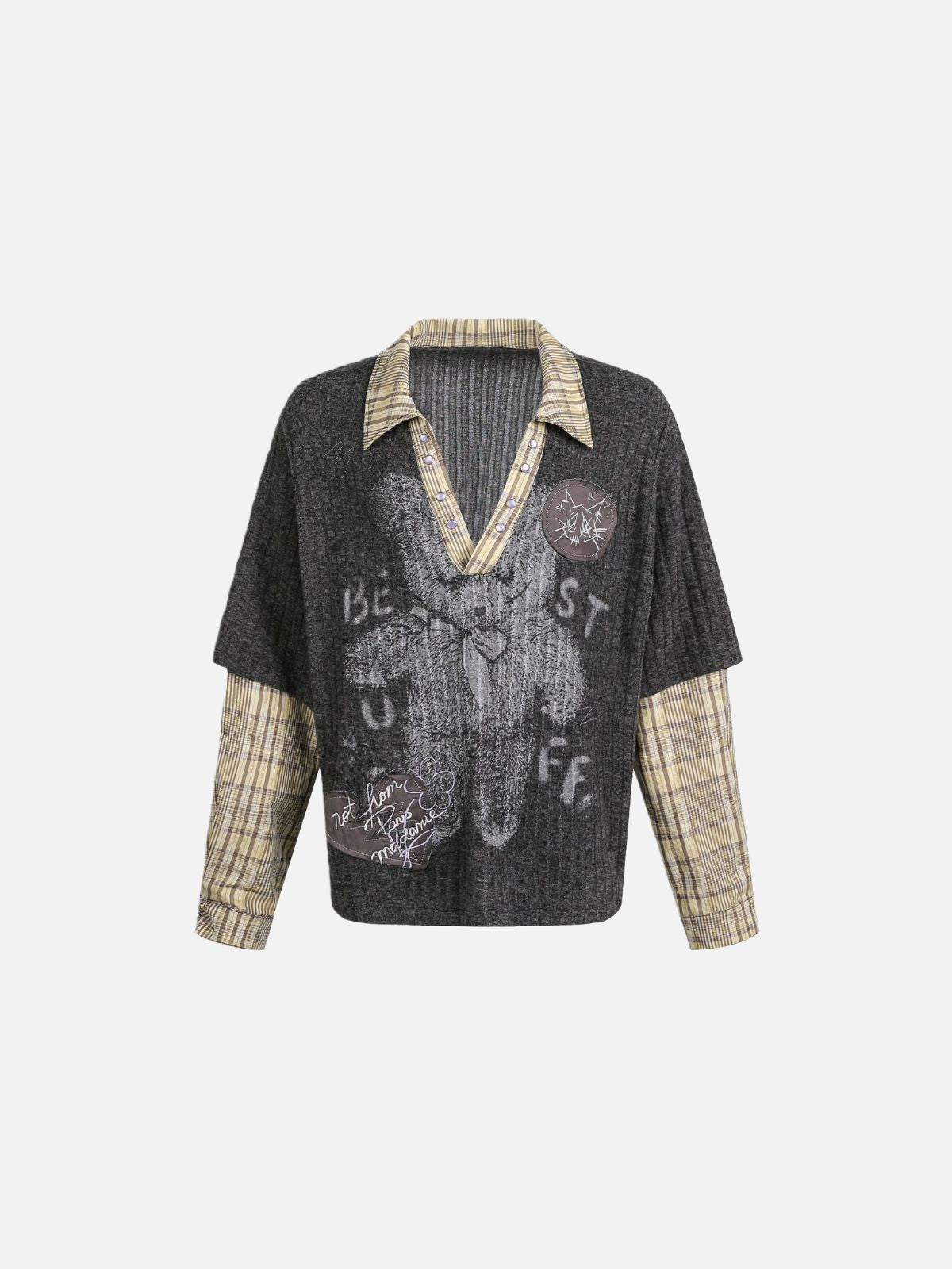 Haaura Bear-Print Patchwork Knit Sweater