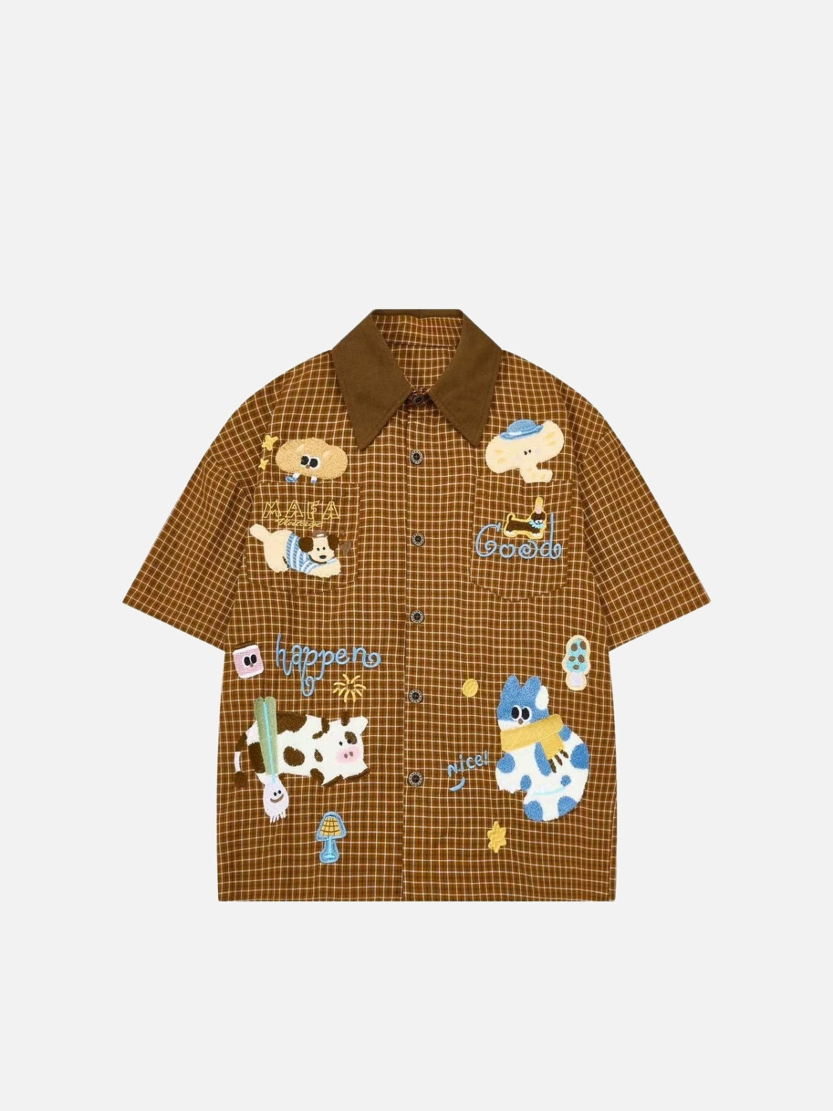 Haaura Animal Applique Plaid Contrast Collar Shirt