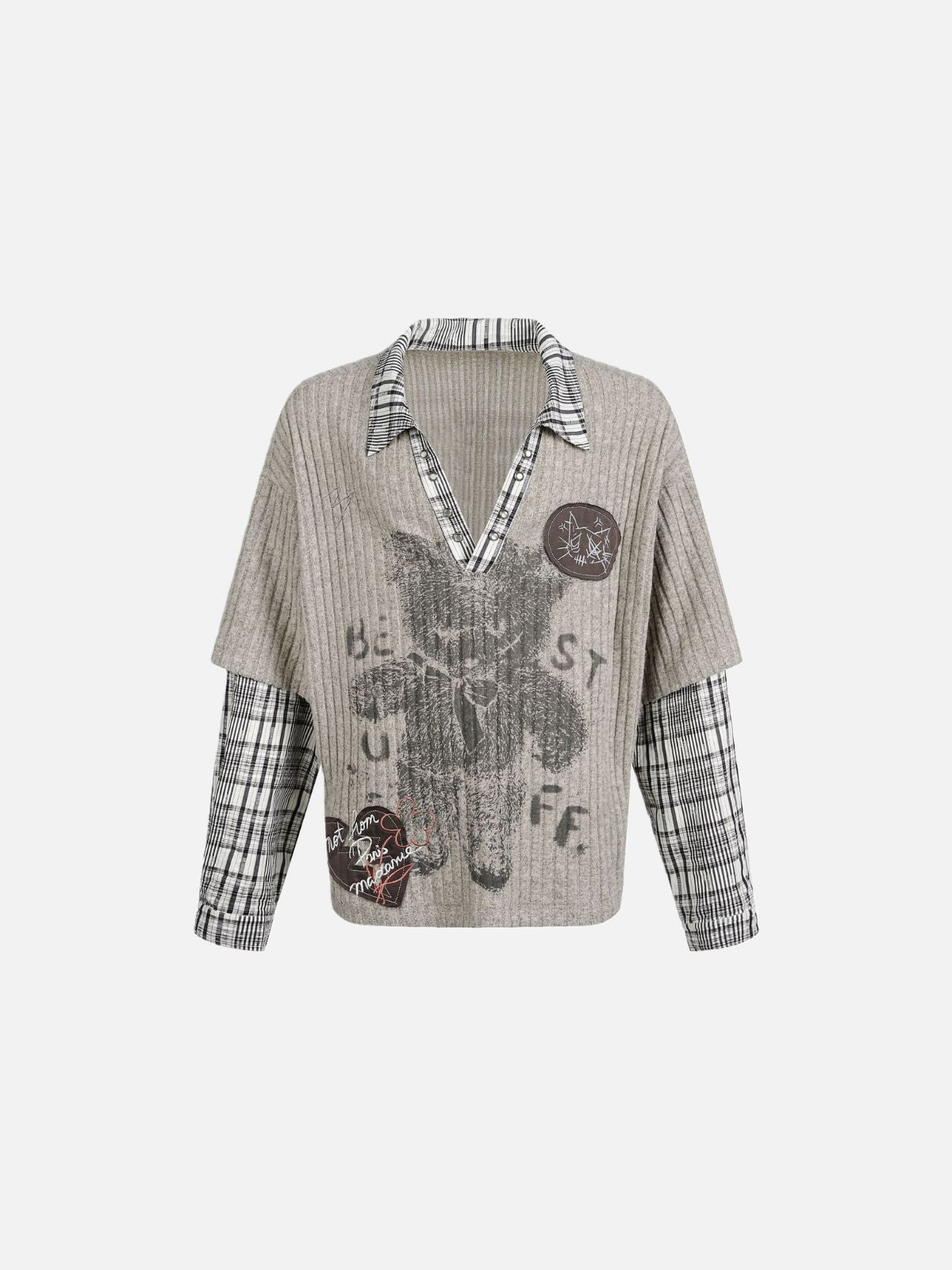 Haaura Bear-Print Patchwork Knit Sweater