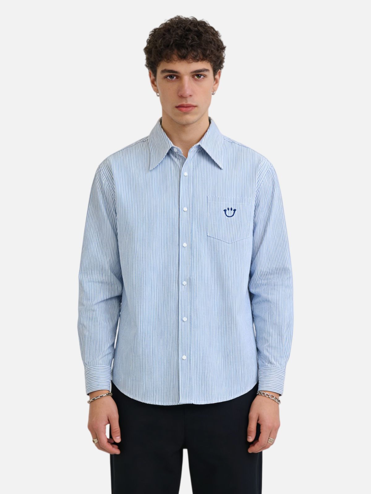 Haaura Stripe Smiley Pocket Embroidery Long Sleeve Shirt