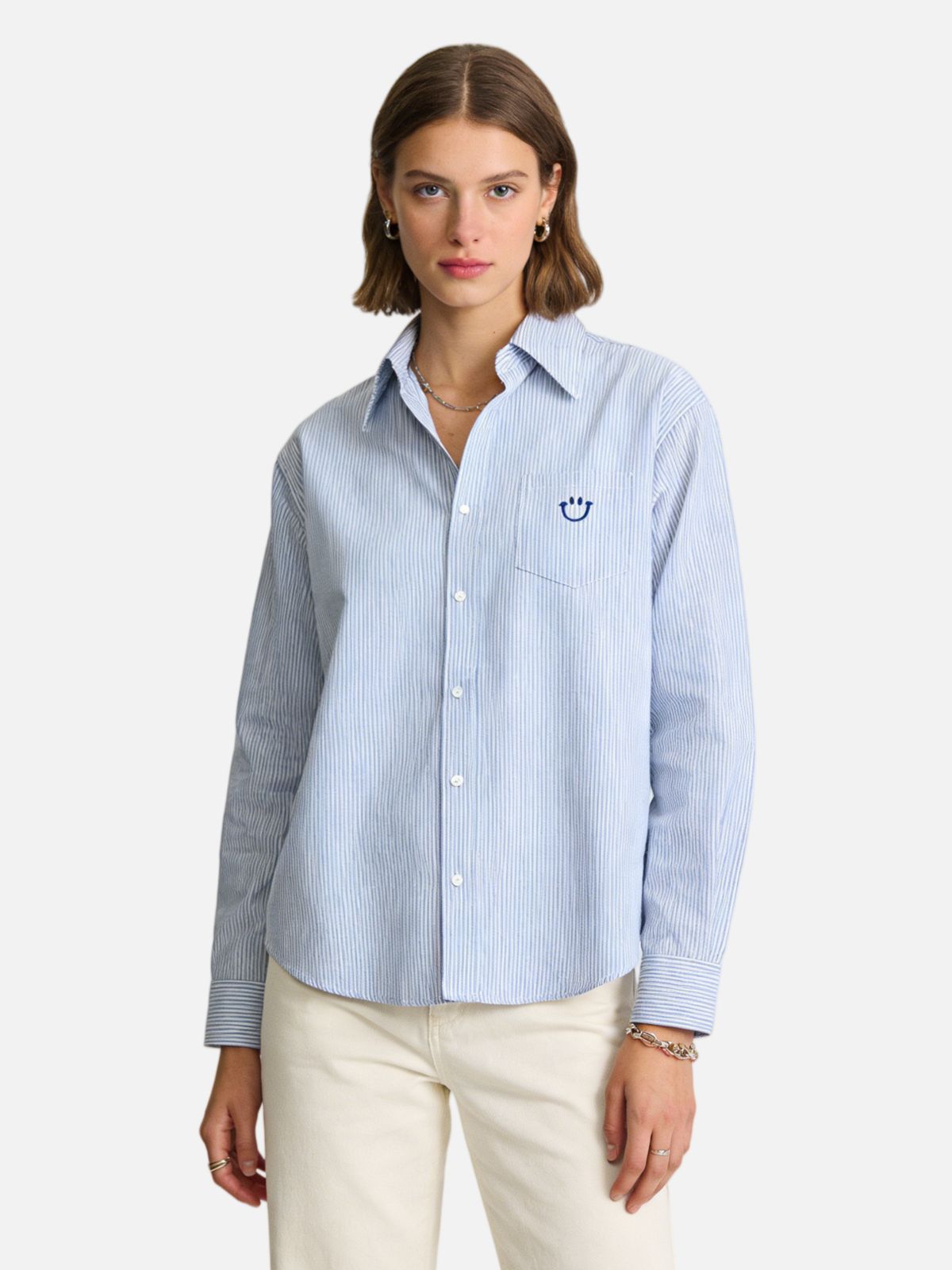 Haaura Stripe Smiley Pocket Embroidery Long Sleeve Shirt
