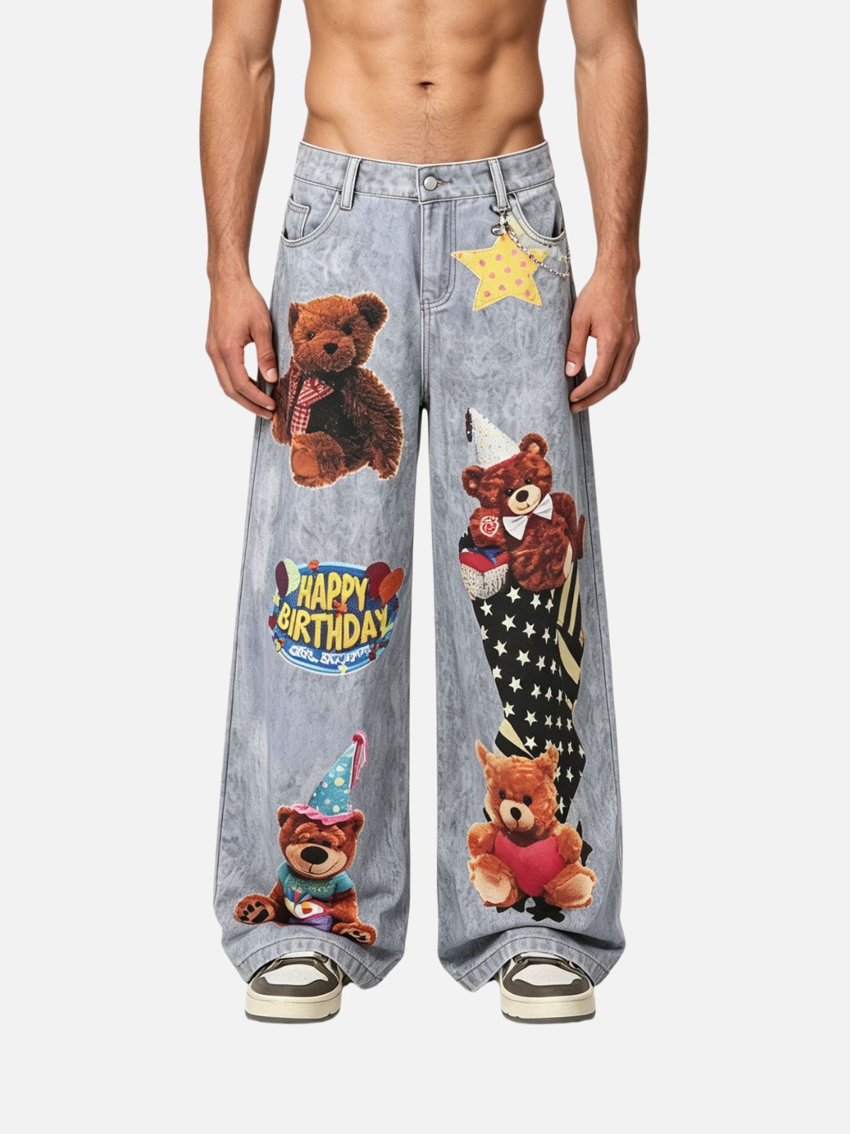 Haaura Bear Print Star Charm Flare Jeans