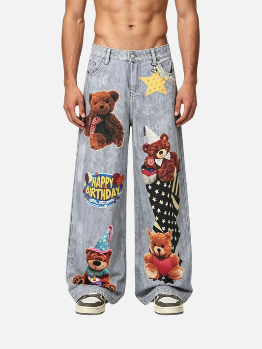 Haaura Bear Print Star Charm Flare Jeans