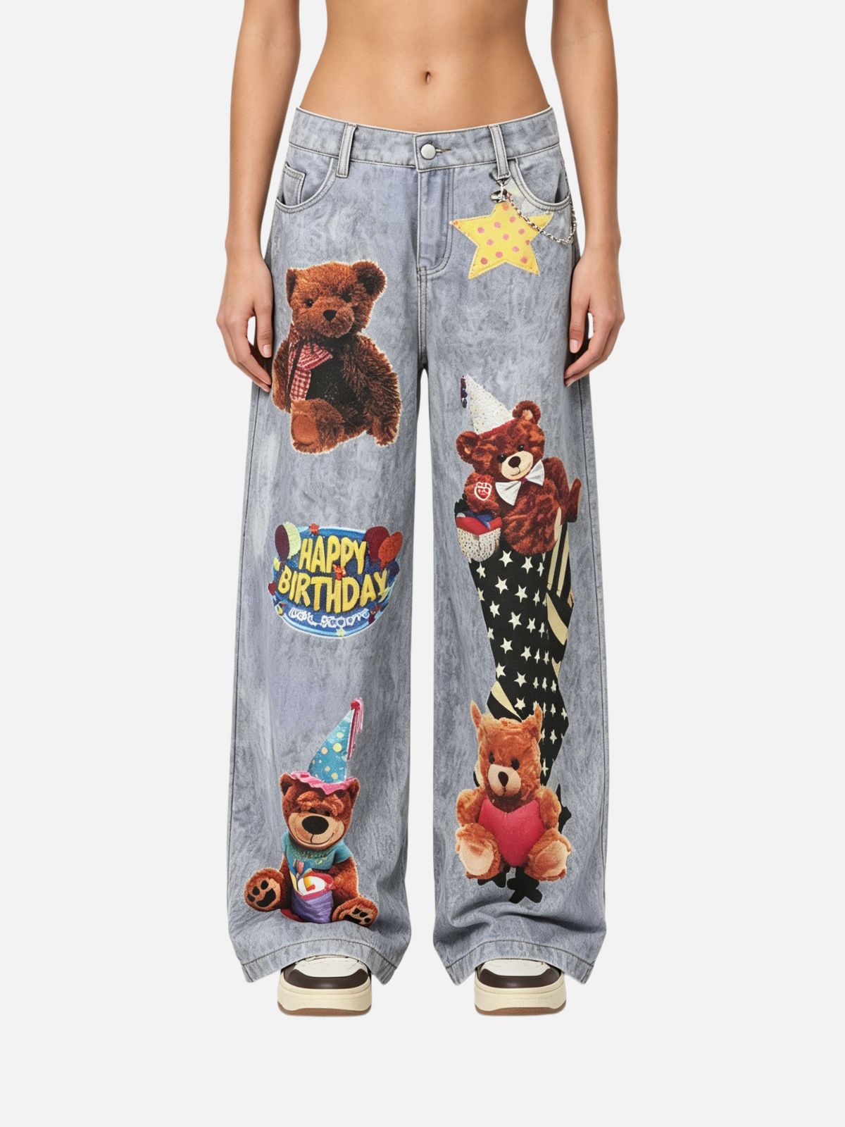 Haaura Bear Print Star Charm Flare Jeans