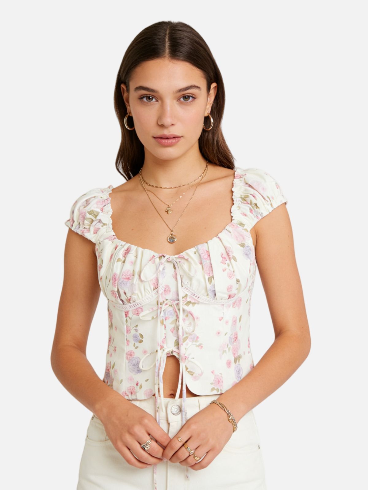 Haaura Watercolor Floral Lace Tie Front Cami Top