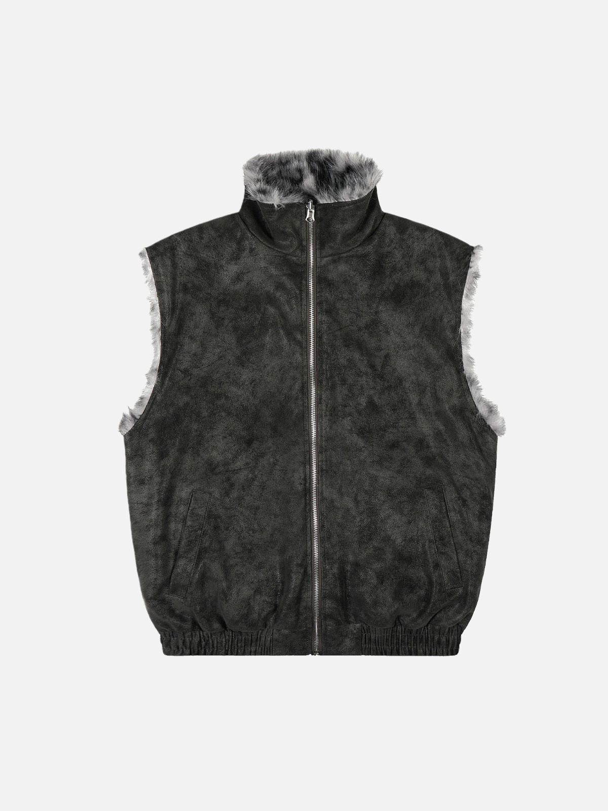 Haaura Leopard Trim Stand Collar Zip-Up Vest