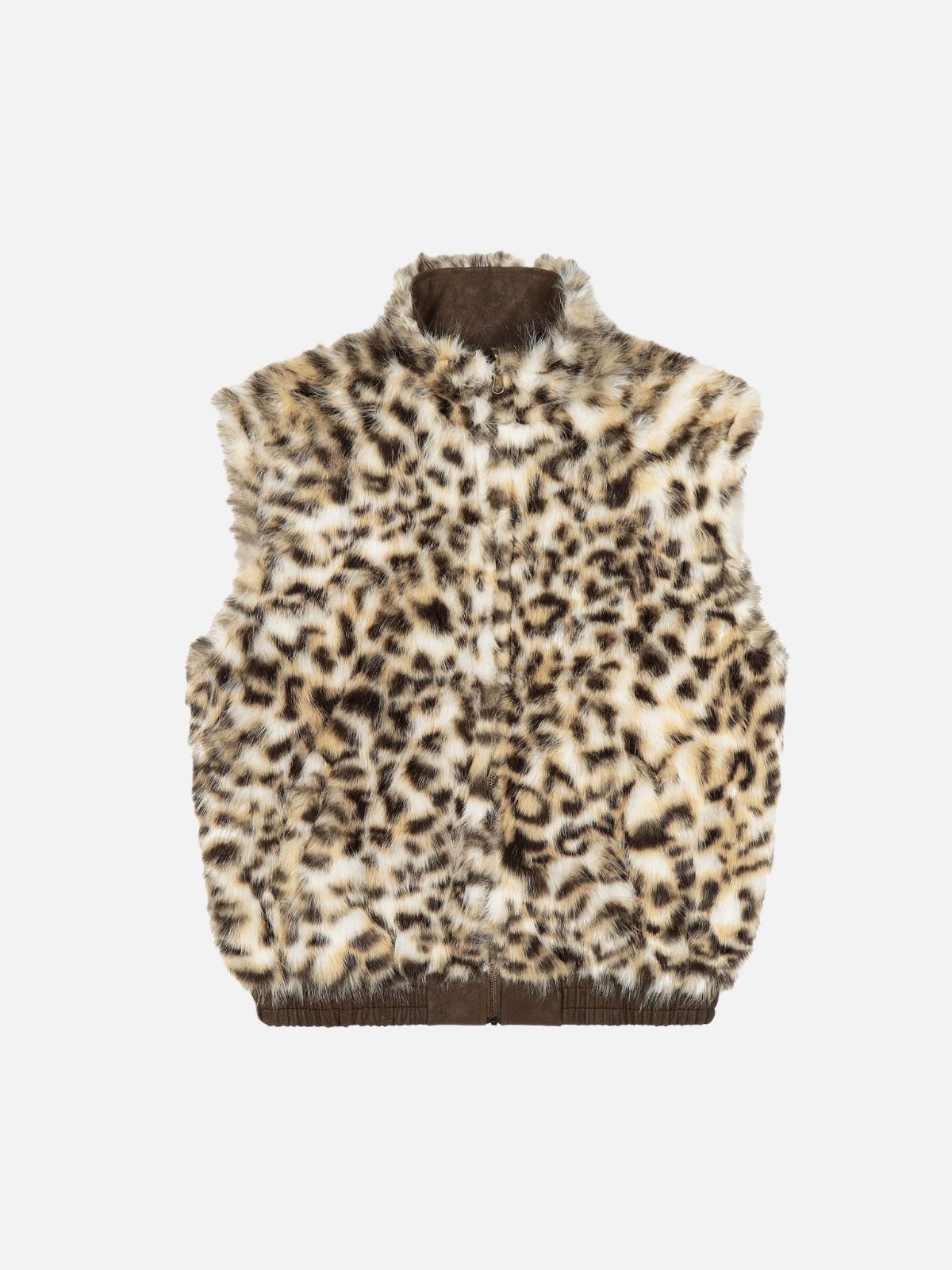 Haaura Leopard Trim Stand Collar Zip-Up Vest