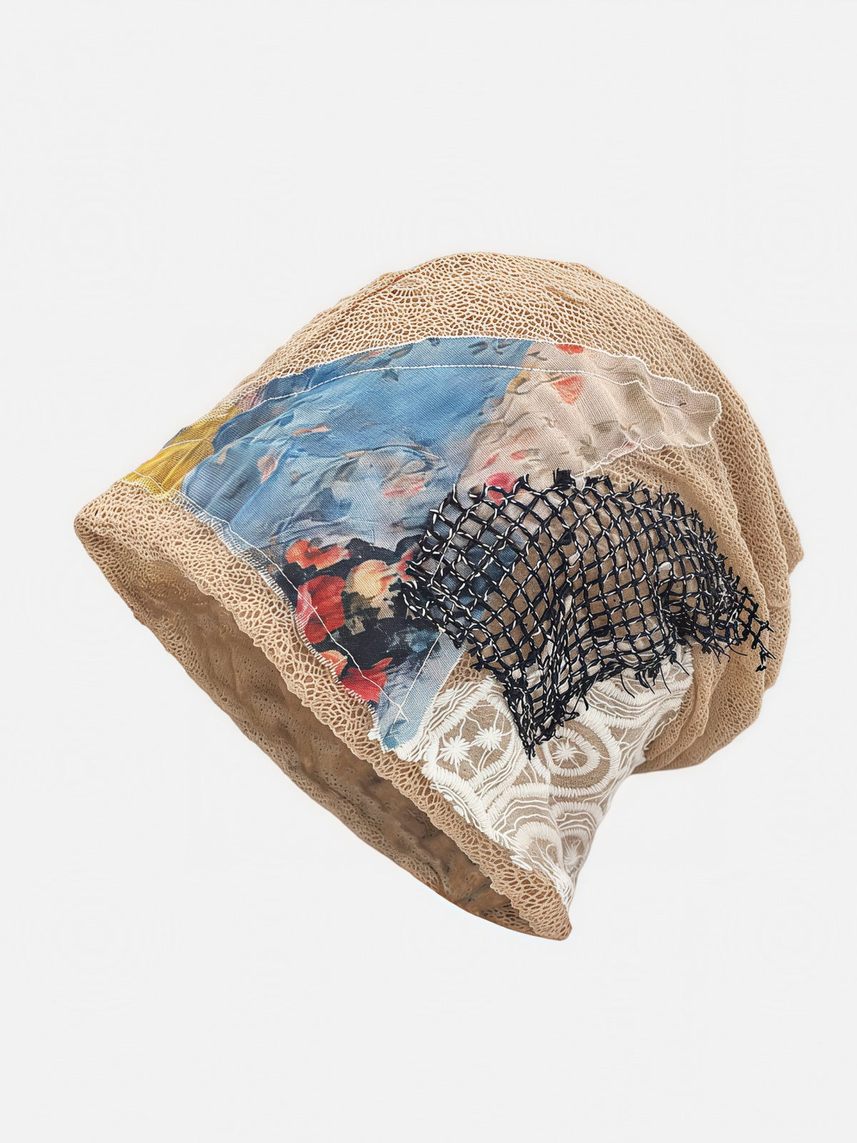 Distressed Mesh Patchwork Slouchy Beanie