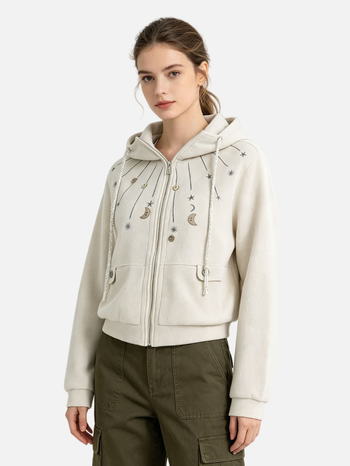 Haaura Boxy Celestial Embroidered Textured Zip Up Hoodie