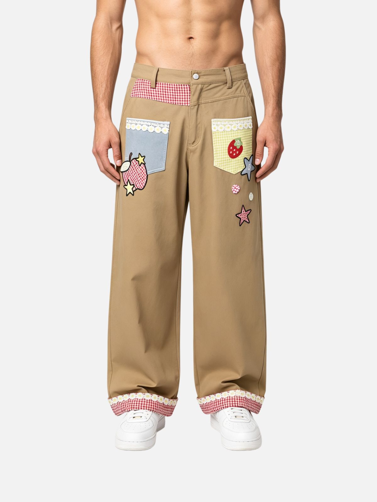 Haaura Patchwork Gingham Strawberry Baggy Pants