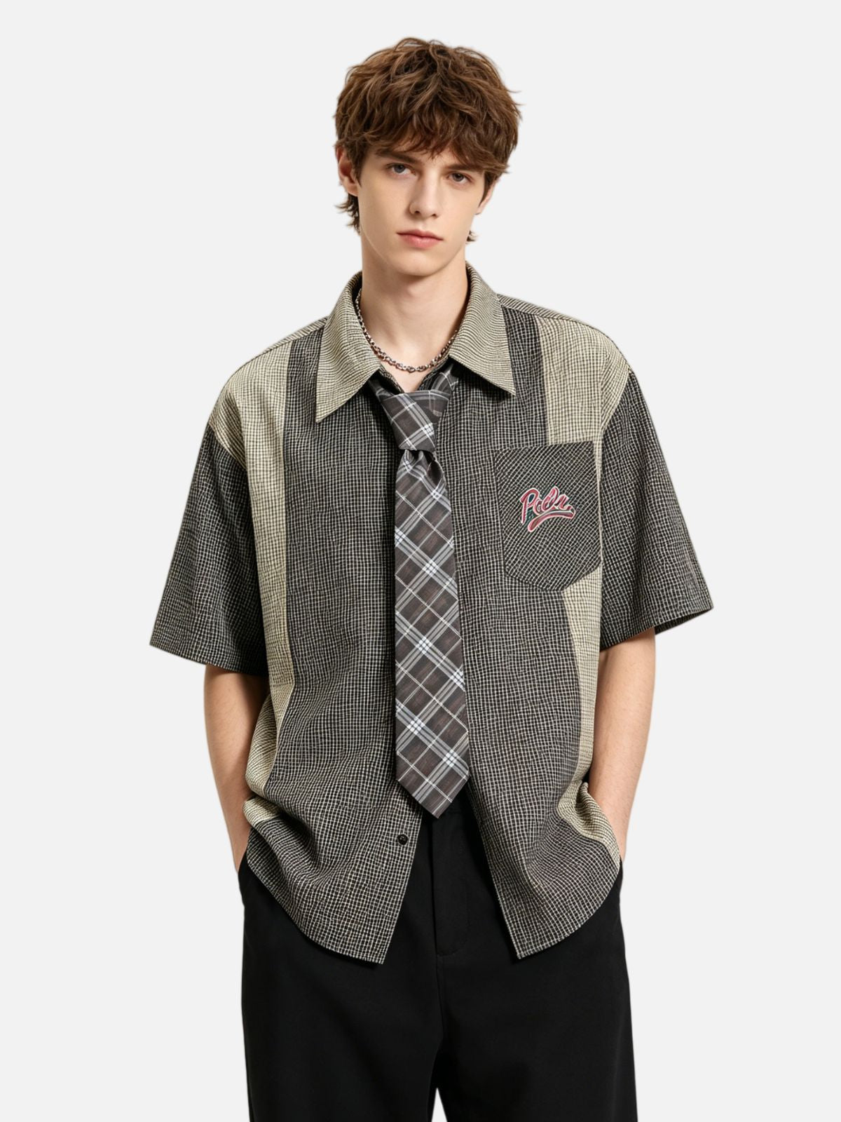 Haaura Deconstructed Plaid Detachable Tie Detail Shirt