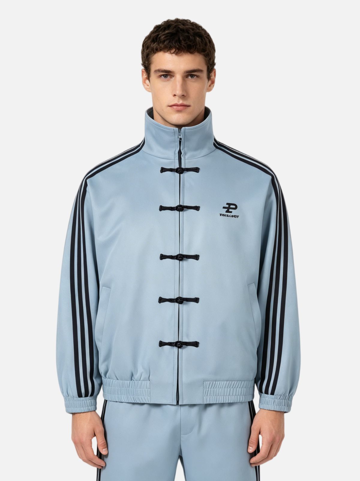 Haaura Frog Closure Striped Sleeve Stand Collar Jacket