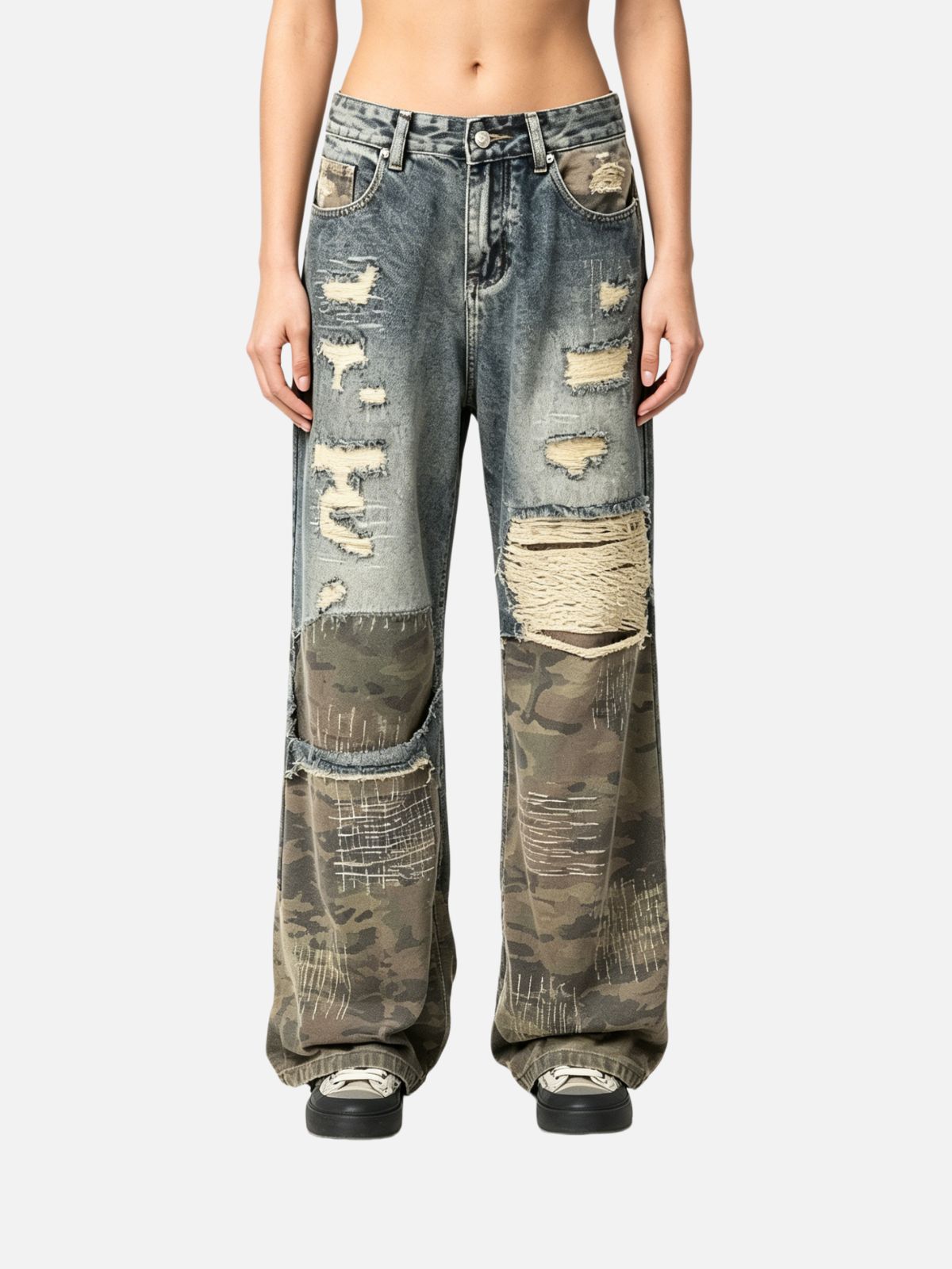 Haaura Destructed Camo-Patch Denim Jeans