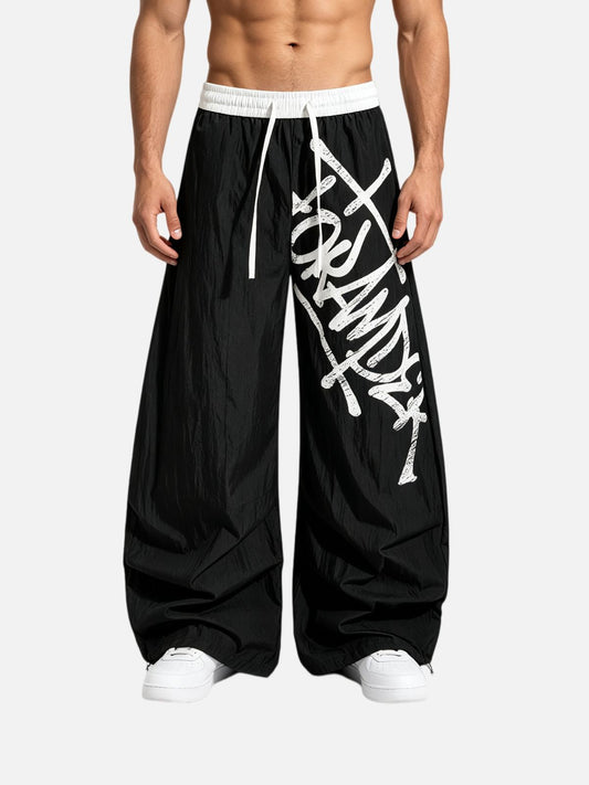 Haaura Contrast Waist Graffiti Parachute Pants