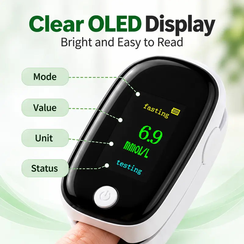 Portable Fingerstick Blood Glucose Meter with Clear OLED Display, Easy One-Button Operation for Home Use
