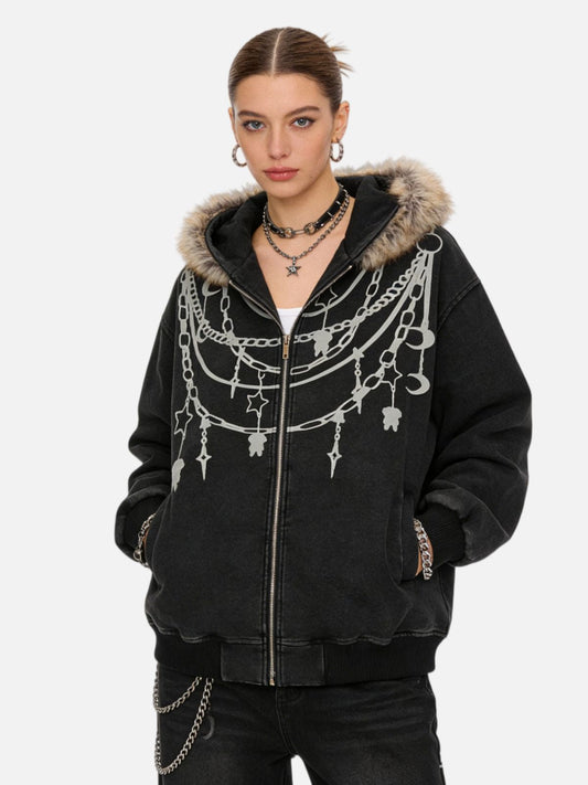Haaura Chain Print Faux Fur Collar Zip Up Hoodie