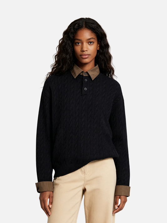 Haaura Cable Knit Contrast Collar Polo Sweater