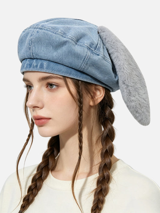Denim Fluffy Bunny Ear Cap