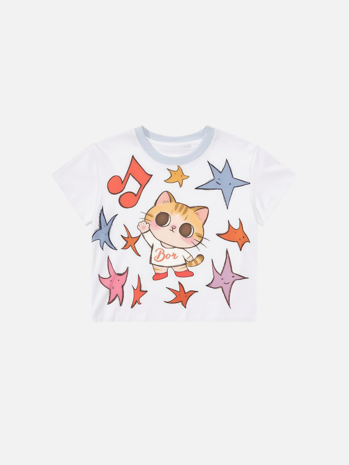 Haaura Cropped Contrast Collar Cat Graphic Tee