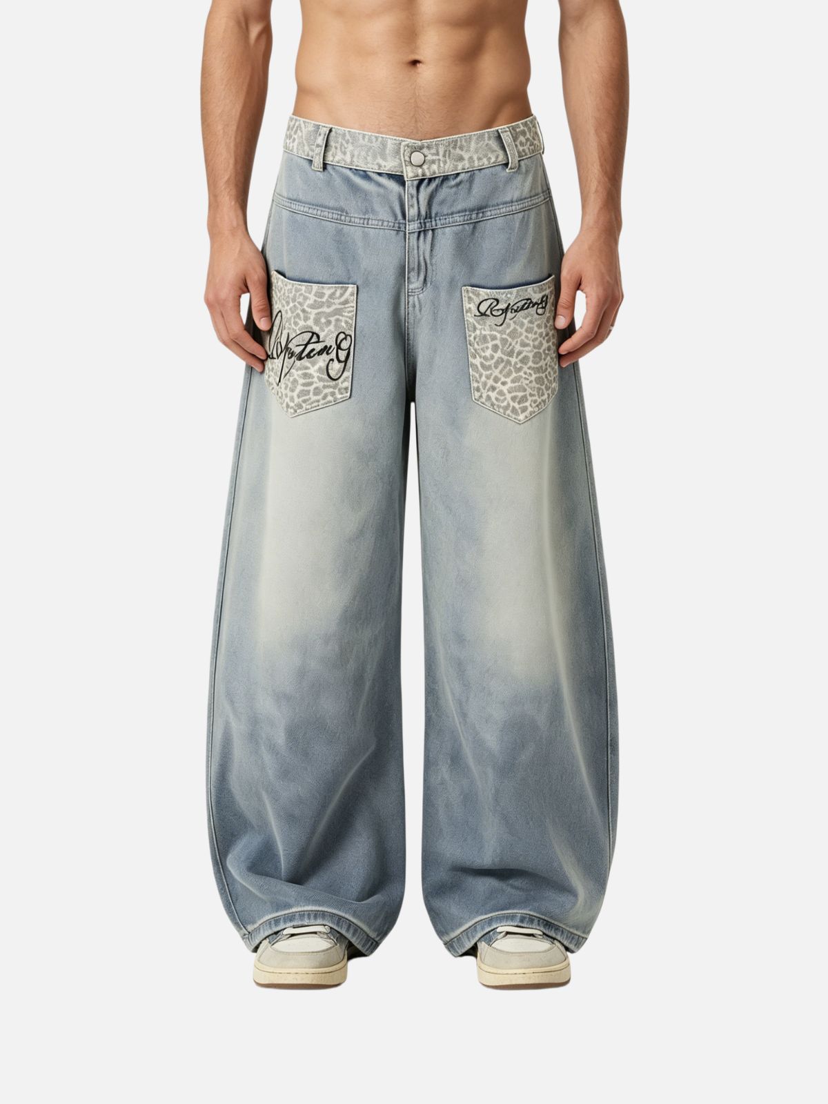 Haaura Baggy Wash Leopard Print Jeans