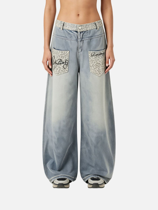 Haaura Baggy Wash Leopard Print Jeans